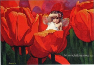 Petite fée en rouge fleurs originale de l’ange Peinture à l'huile